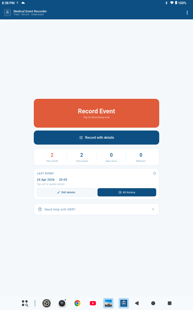 MER home screen with Record Event button and stats