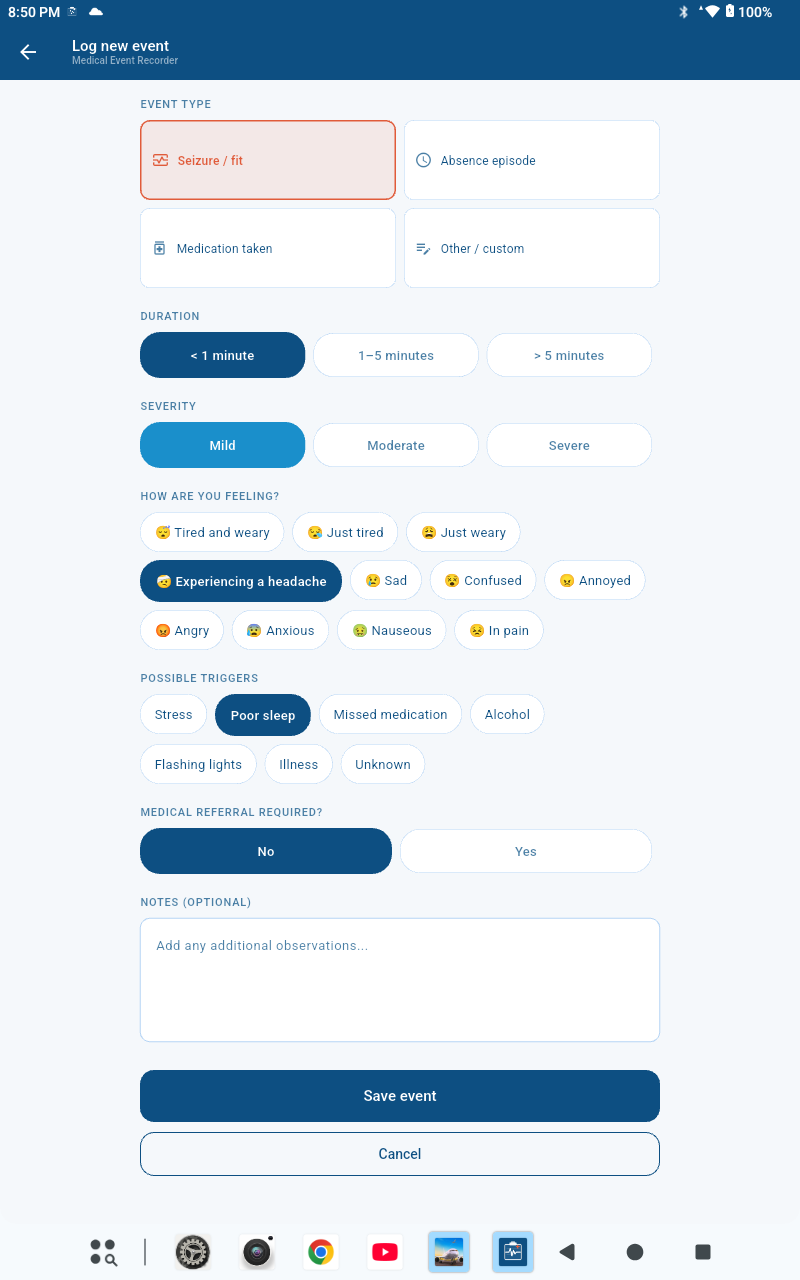 Log a new event with type, severity, feelings and triggers