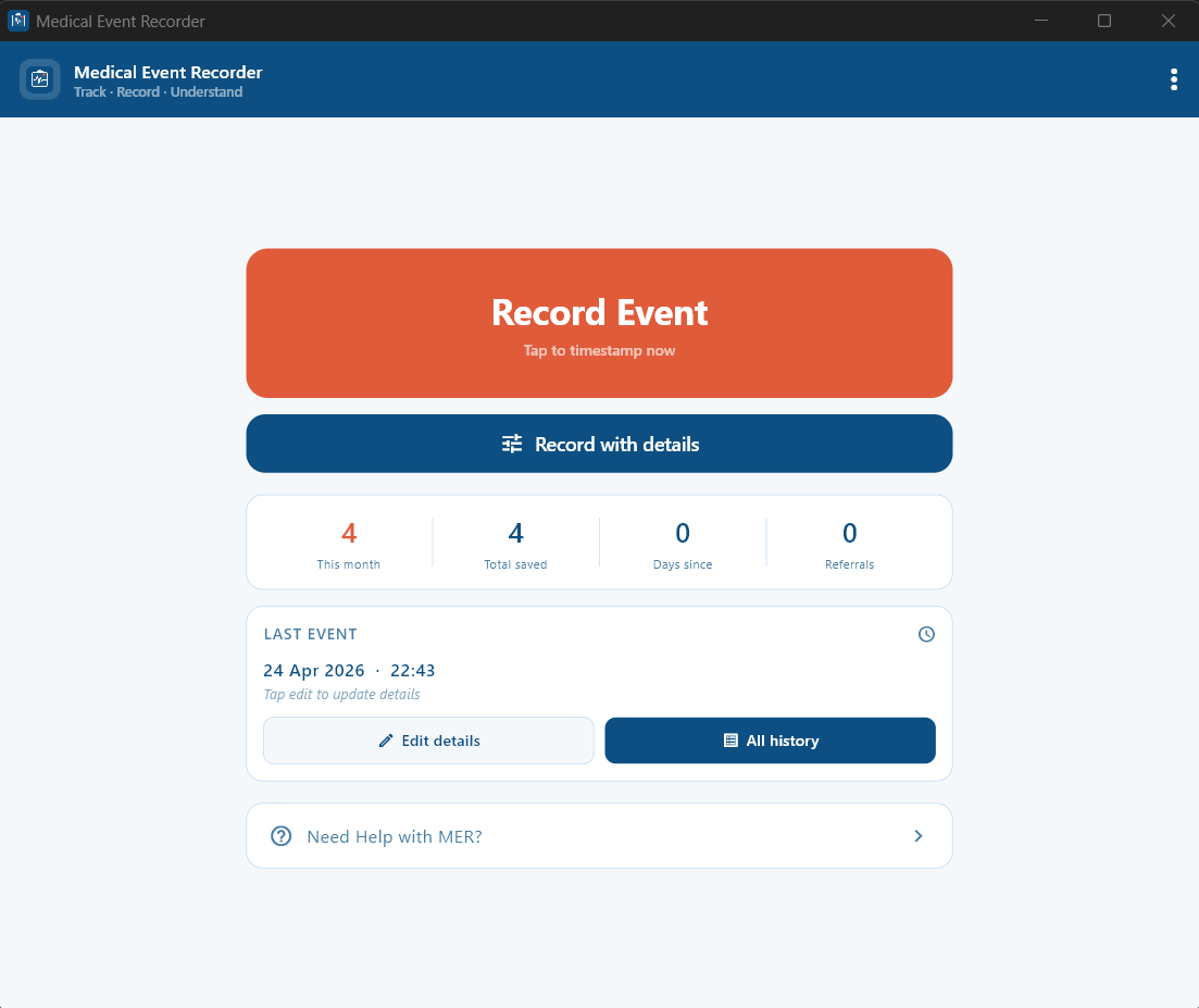 MER home screen on Windows showing Record Event and stats