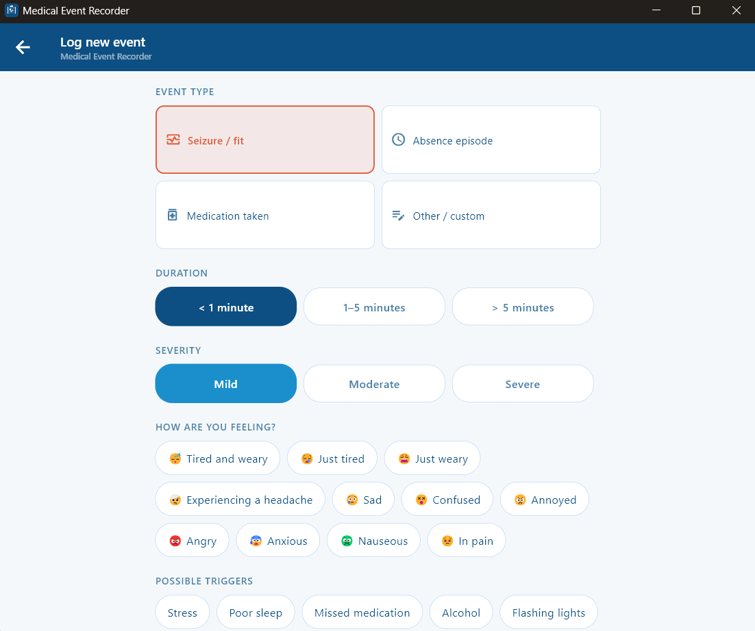 Log new event form with event type, duration, severity and feelings