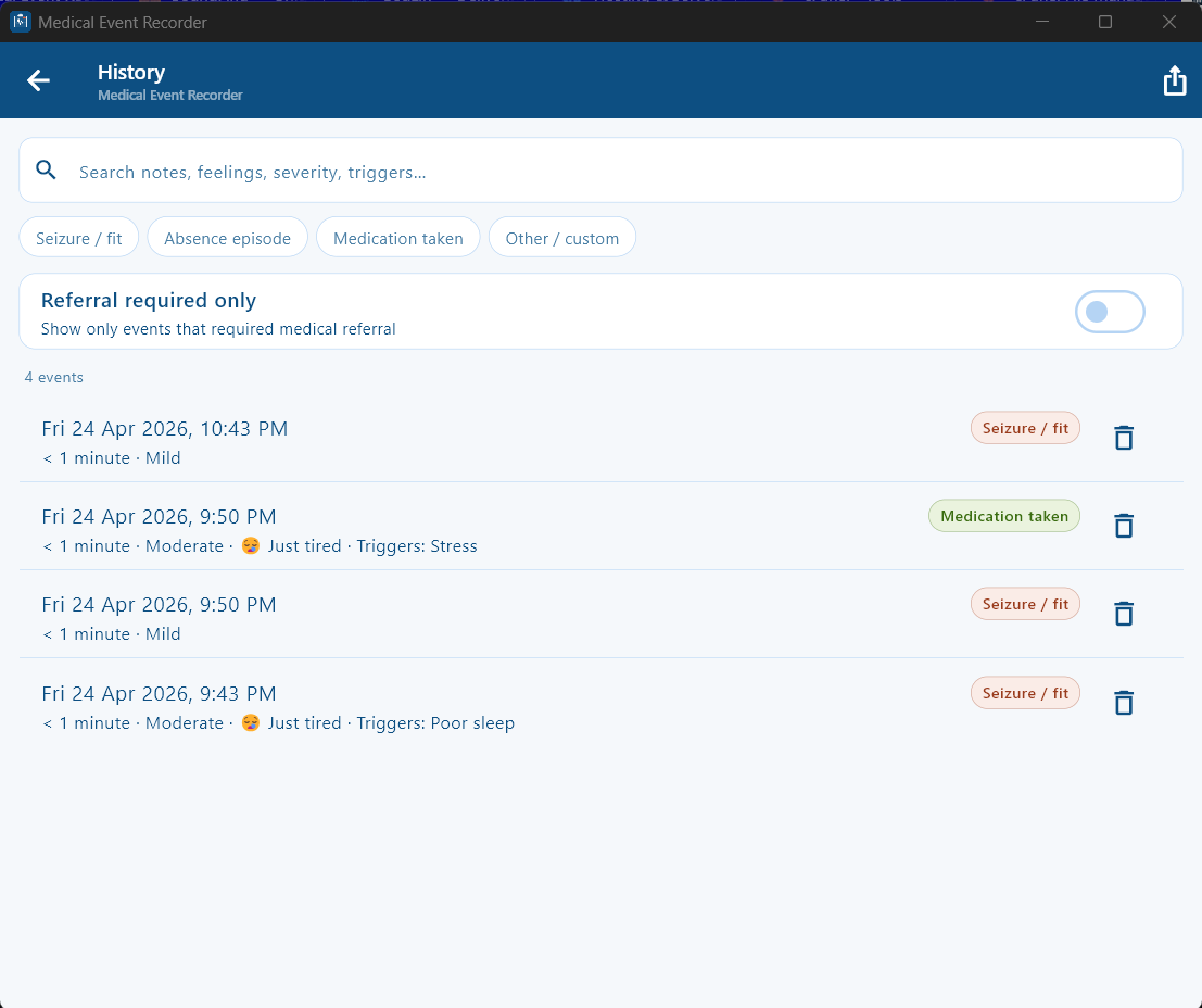 Event history with search, filters and event list