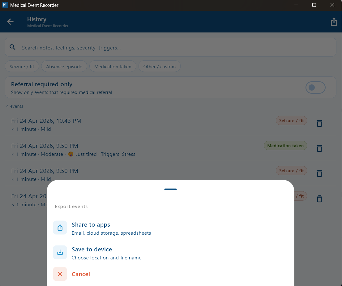 Export events bottom sheet with Share to apps option